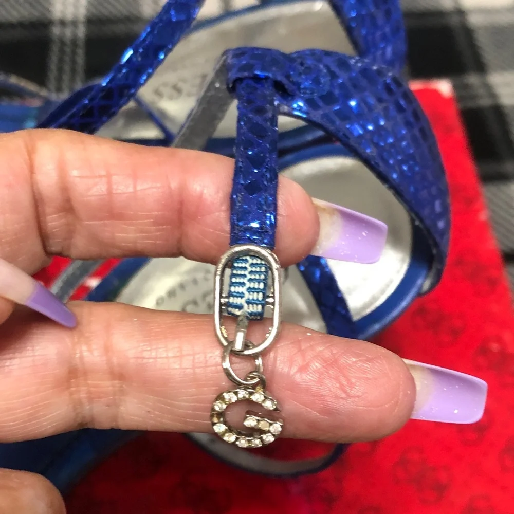 Guess by Marciano Metallic Cobalt Blue Strappy Heels with Bow